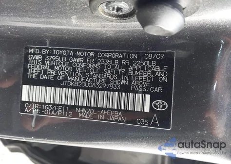 2008 Toyota Prius из США, поврежденный, VIN JTDKB20U083297833